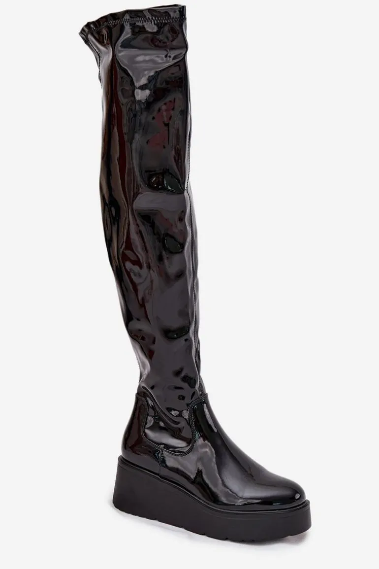 Lakierowane Kozaki Za Kolano Na Platformie I Delikatnym Koturnie Czarne Tavina