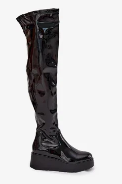 Lakierowane Kozaki Za Kolano Na Platformie I Delikatnym Koturnie Czarne Tavina