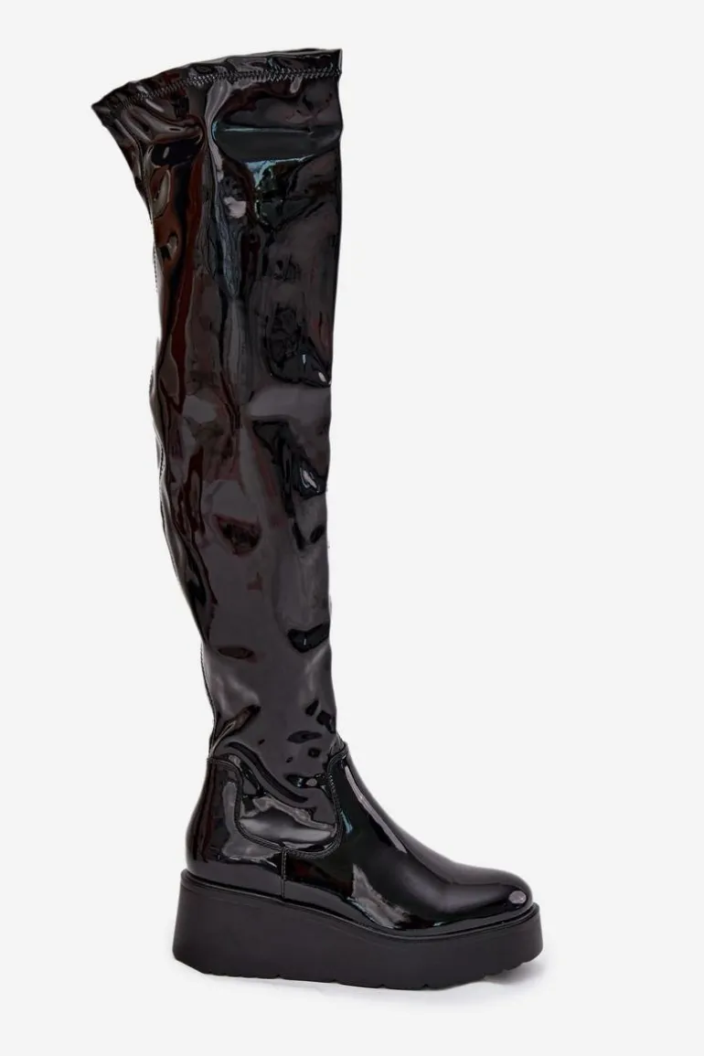 Lakierowane Kozaki Za Kolano Na Platformie I Delikatnym Koturnie Czarne Tavina