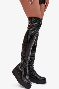 Lakierowane Kozaki Za Kolano Na Platformie I Delikatnym Koturnie Czarne Tavina