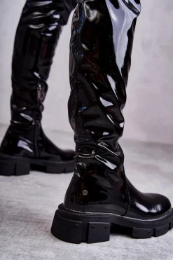 Lakierowane Kozaki Za Kolano Na Płaskim Obcasie GOE KK2N4023 Czarne