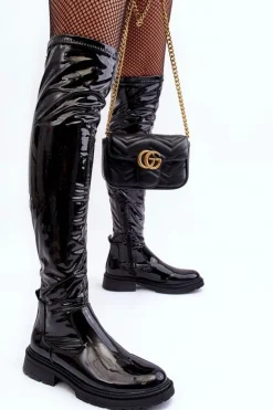 Lakierowane Kozaki Za Kolano Na Płaskim Obcasie Czarne Rilema