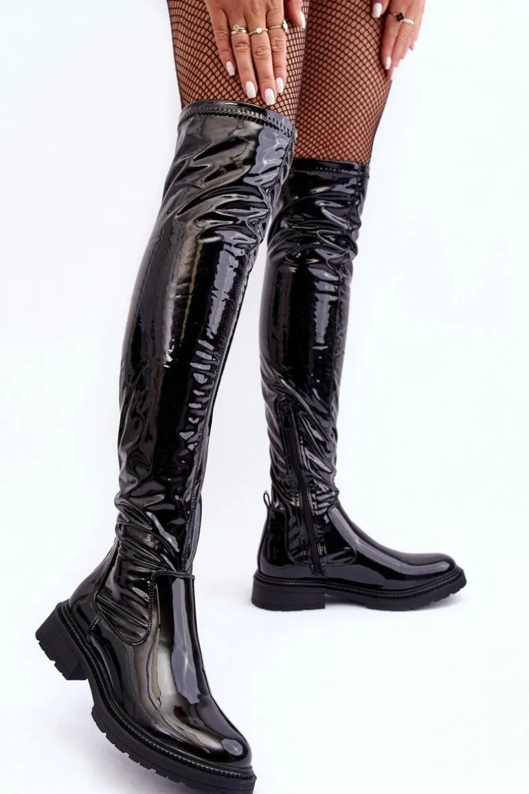 Lakierowane Kozaki Za Kolano Na Płaskim Obcasie Czarne Rilema