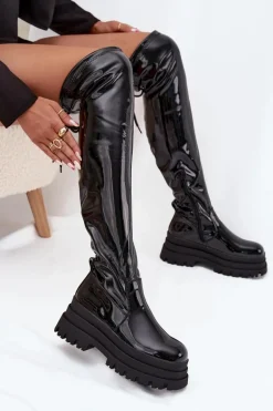 Lakierowane Kozaki Za Kolano Na Masywnej Platformie Czarne Ravela