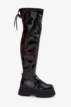 Lakierowane Kozaki Za Kolano Na Masywnej Platformie Czarne Ravela