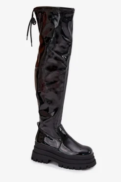 Lakierowane Kozaki Za Kolano Na Masywnej Platformie Czarne Ravela
