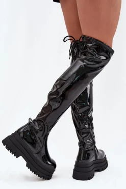 Lakierowane Kozaki Za Kolano Na Masywnej Platformie Czarne Ravela