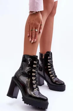 Lakierowane Masywne Botki Na Słupku Czarne Ikeshia