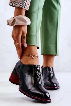 Lakierowane Modne Półbuty Na Słupku Czarno-Czerwone Lorena