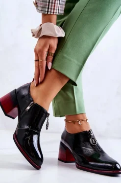 Lakierowane Modne Półbuty Na Słupku Czarno-Czerwone Lorena