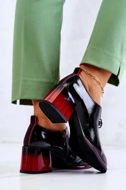 Lakierowane Modne Półbuty Na Słupku Czarno-Czerwone Lorena