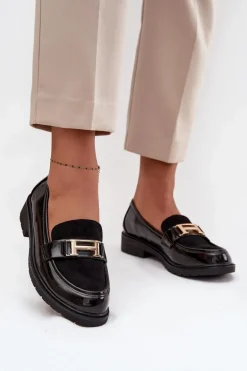 Lakierowane Mokasyny Damskie Ze Złotym Detalem S.Barski HY52-545 Czarne