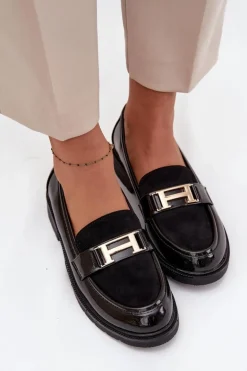 Lakierowane Mokasyny Damskie Ze Złotym Detalem S.Barski HY52-545 Czarne