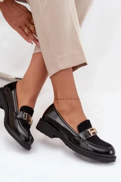Lakierowane Mokasyny Damskie Ze Złotym Detalem S.Barski HY52-545 Czarne