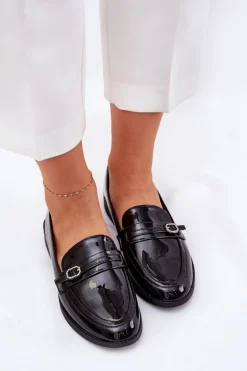 Lakierowane Mokasyny Damskie Z Ozdobną Sprzączką Czarne Mollan