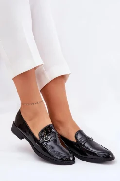 Lakierowane Mokasyny Damskie Z Ozdobną Sprzączką Czarne Mollan