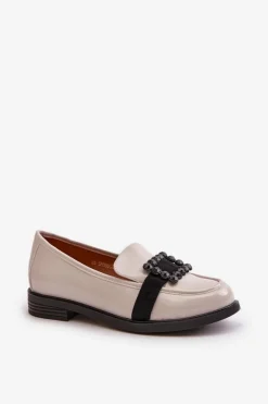 Lakierowane Mokasyny Damskie Z Ozdobą Jasnoszare Vinceza 58389