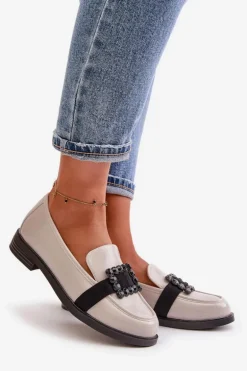 Lakierowane Mokasyny Damskie Z Ozdobą Jasnoszare Vinceza 58389