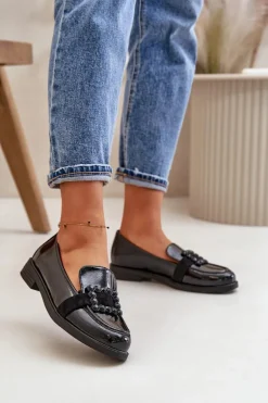 Lakierowane Mokasyny Damskie Z Ozdobą Czarne Vinceza 58389