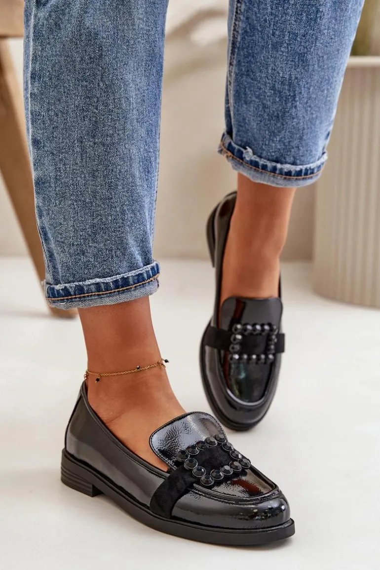 Lakierowane Mokasyny Damskie Z Ozdobą Czarne Vinceza 58389