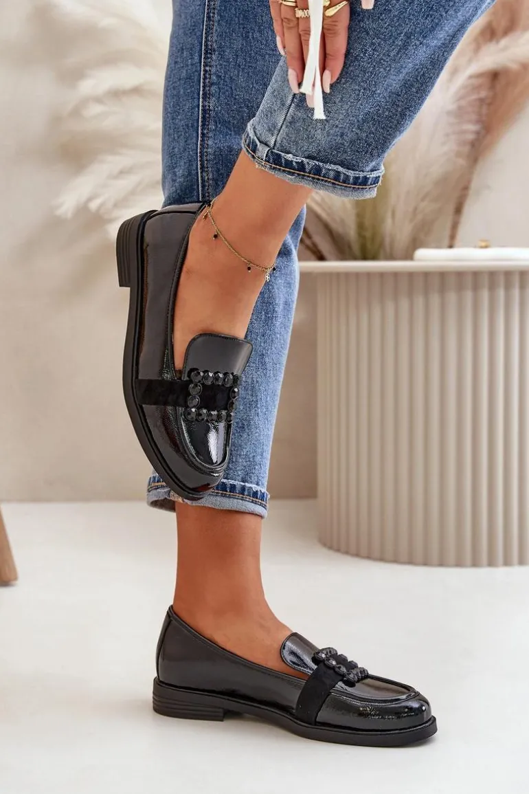 Lakierowane Mokasyny Damskie Z Ozdobą Czarne Vinceza 58389