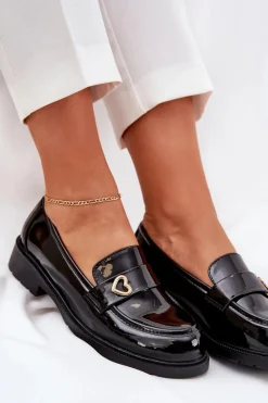 Lakierowane Mokasyny Damskie Z Serduszkiem S.Barski HY51-379 Czarne