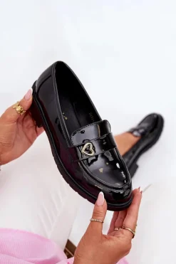 Lakierowane Mokasyny Damskie Z Serduszkiem S.Barski HY51-379 Czarne