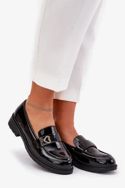 Lakierowane Mokasyny Damskie Z Serduszkiem S.Barski HY51-379 Czarne