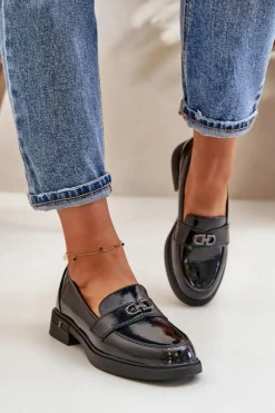 Lakierowane Mokasyny Damskie Ze Skóry Naturalnej Czarne Vinceza 58409