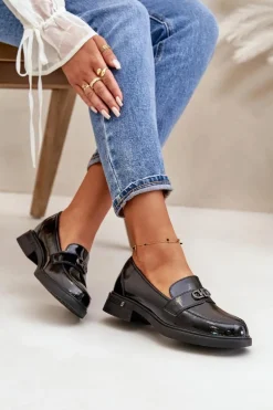 Lakierowane Mokasyny Damskie Ze Skóry Naturalnej Czarne Vinceza 58409