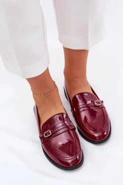 Lakierowane Mokasyny Damskie Z Ozdobną Sprzączką Bordowe Mollan