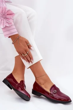 Lakierowane Mokasyny Damskie Z Ozdobną Sprzączką Bordowe Mollan
