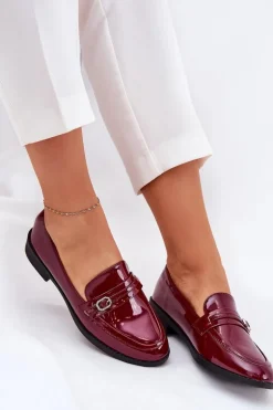Lakierowane Mokasyny Damskie Z Ozdobną Sprzączką Bordowe Mollan