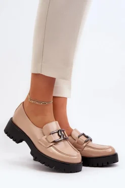 Lakierowane Mokasyny Damskie Beżowe Santtes