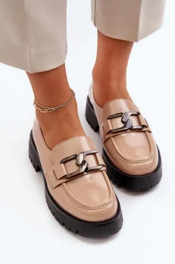Lakierowane Mokasyny Damskie Beżowe Santtes