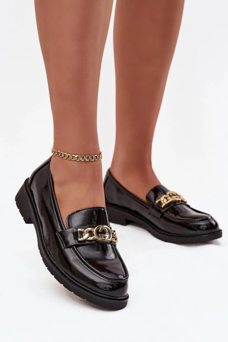 Lakierowane Mokasyny Damskie Ze Złotą Ozdobą S.Barski HY52-539 Czarne