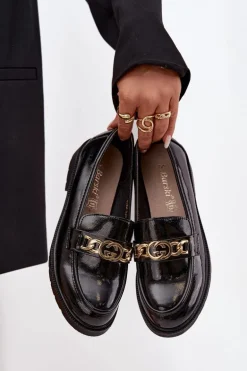 Lakierowane Mokasyny Damskie Ze Złotą Ozdobą S.Barski HY52-539 Czarne