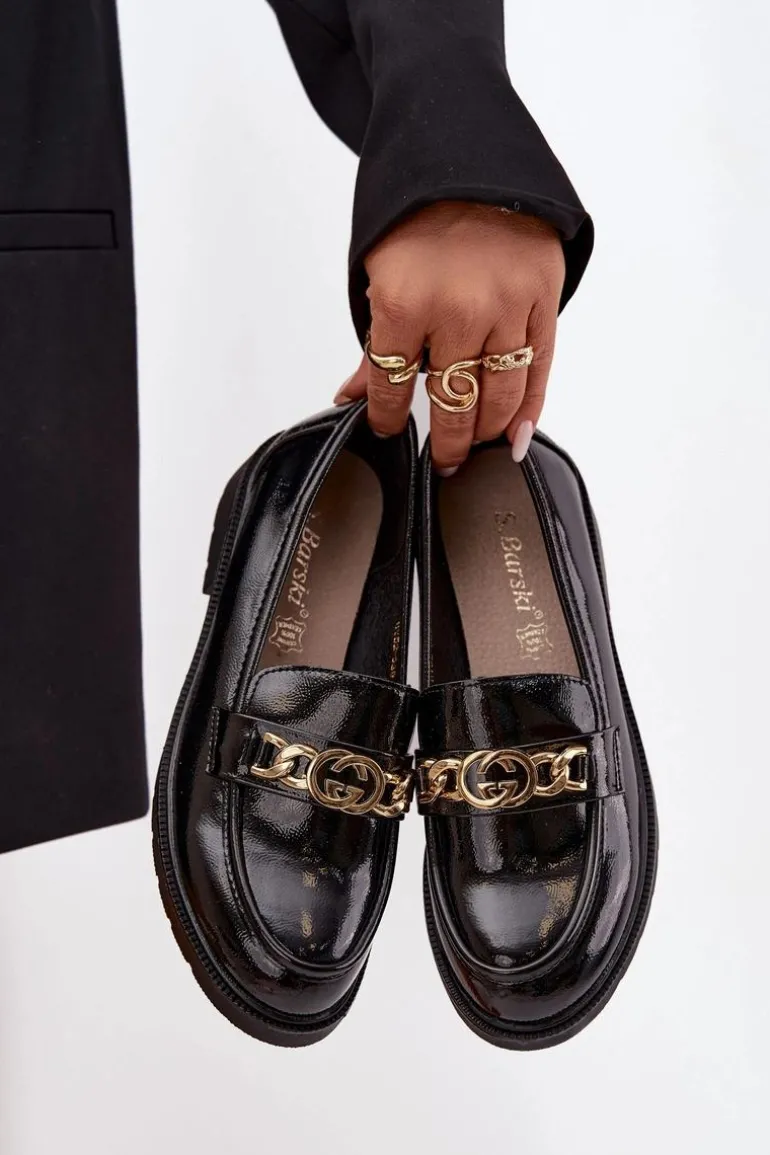 Lakierowane Mokasyny Damskie Ze Złotą Ozdobą S.Barski HY52-539 Czarne