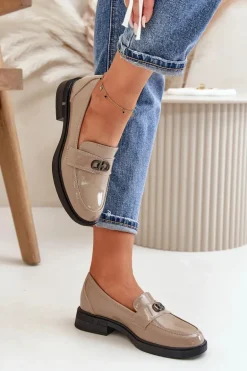 Lakierowane Mokasyny Damskie Ze Skóry Naturalnej Khaki Vinceza 58409