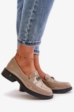 Lakierowane Mokasyny Damskie Ze Skóry Naturalnej Khaki Vinceza 58409