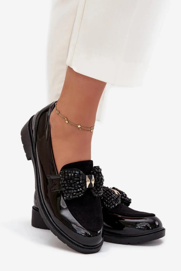 Lakierowane Mokasyny Damskie Z Kokardką S.Barski HY51-319 Czarne