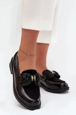 Lakierowane Mokasyny Damskie Z Kokardką S.Barski HY51-319 Czarne