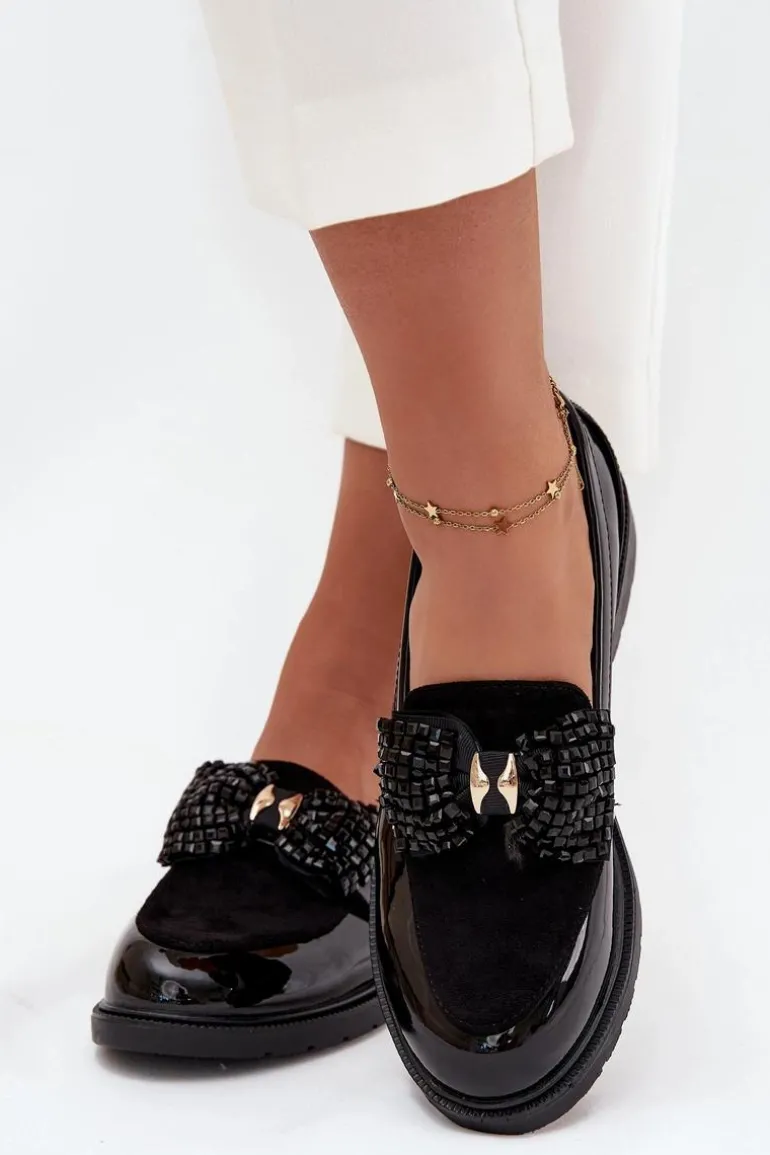 Lakierowane Mokasyny Damskie Z Kokardką S.Barski HY51-319 Czarne