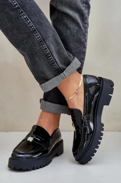Lakierowane Mokasyny Damskie Z Przypinką Miś Czarne Wulinea