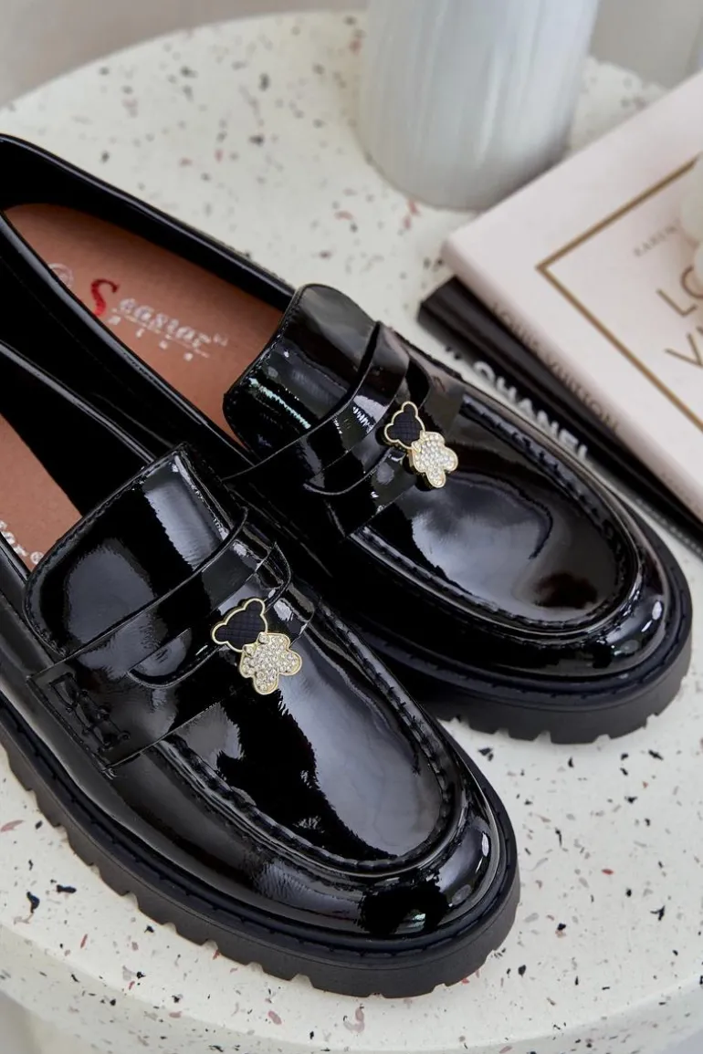 Lakierowane Mokasyny Damskie Z Przypinką Miś Czarne Wulinea