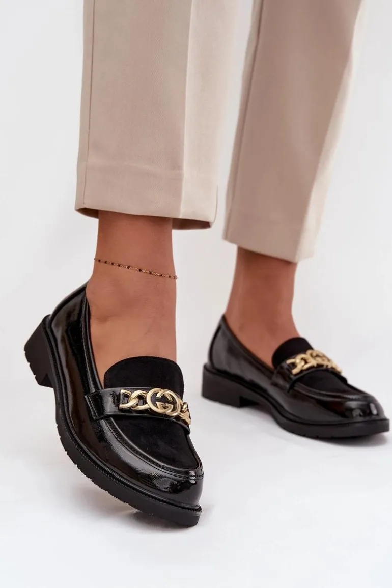 Lakierowane Mokasyny Damskie Ze Złotą Ozdobą S.Barski HY52-540 Czarne