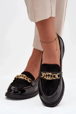 Lakierowane Mokasyny Damskie Ze Złotą Ozdobą S.Barski HY52-540 Czarne