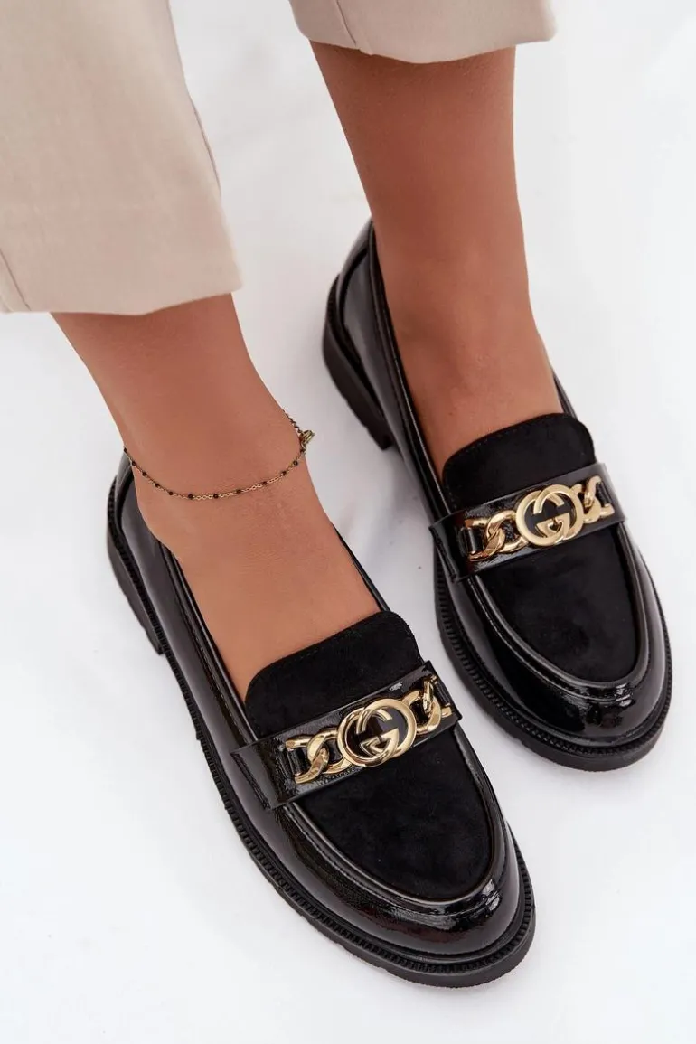 Lakierowane Mokasyny Damskie Ze Złotą Ozdobą S.Barski HY52-540 Czarne