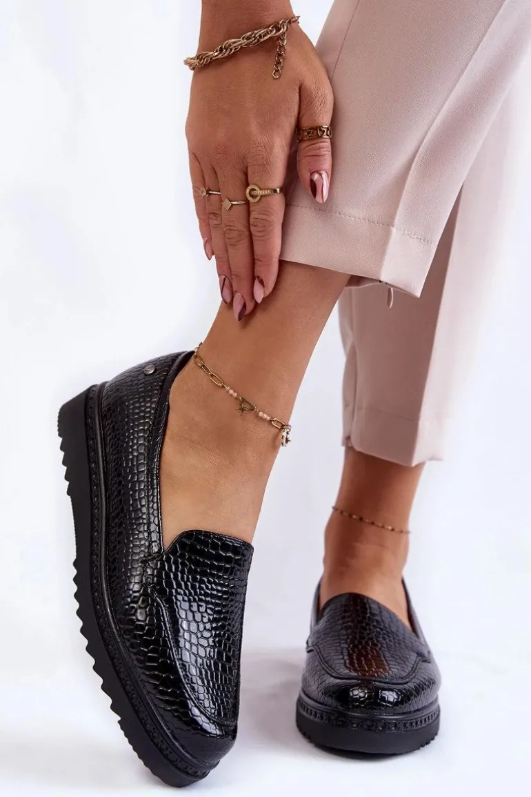 Lakierowane Mokasyny Krokodyli Wzór Na Platformie Czarne Diane