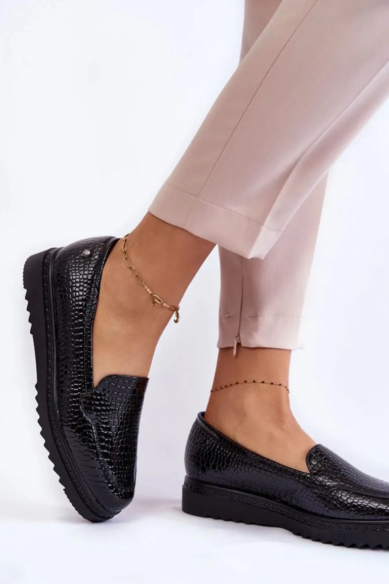 Lakierowane Mokasyny Krokodyli Wzór Na Platformie Czarne Diane
